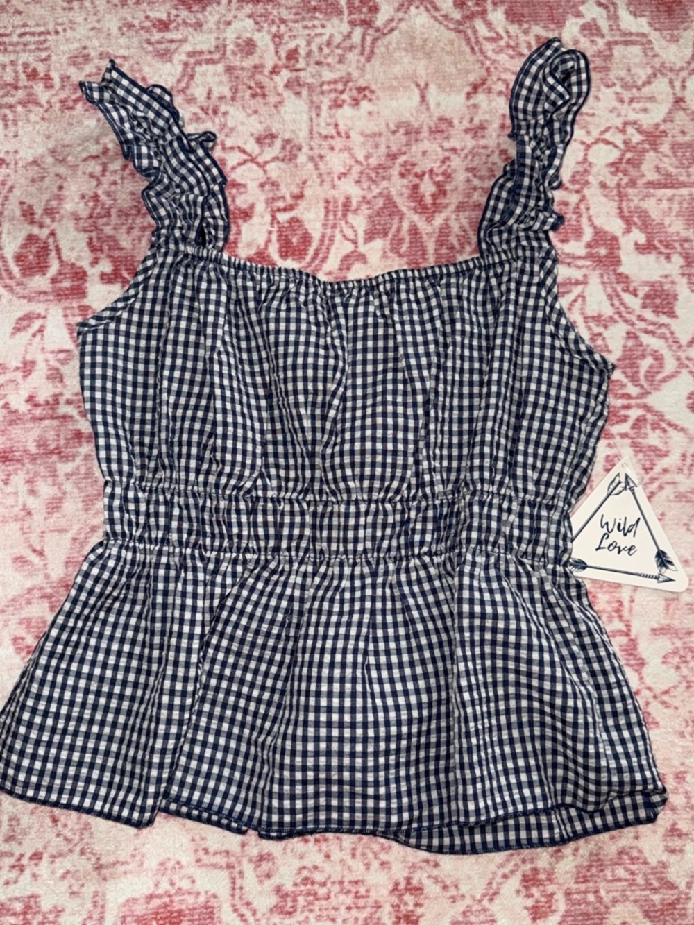 Wild Love Women's Navy & White Gingham Ruffle Strap Peplum Top